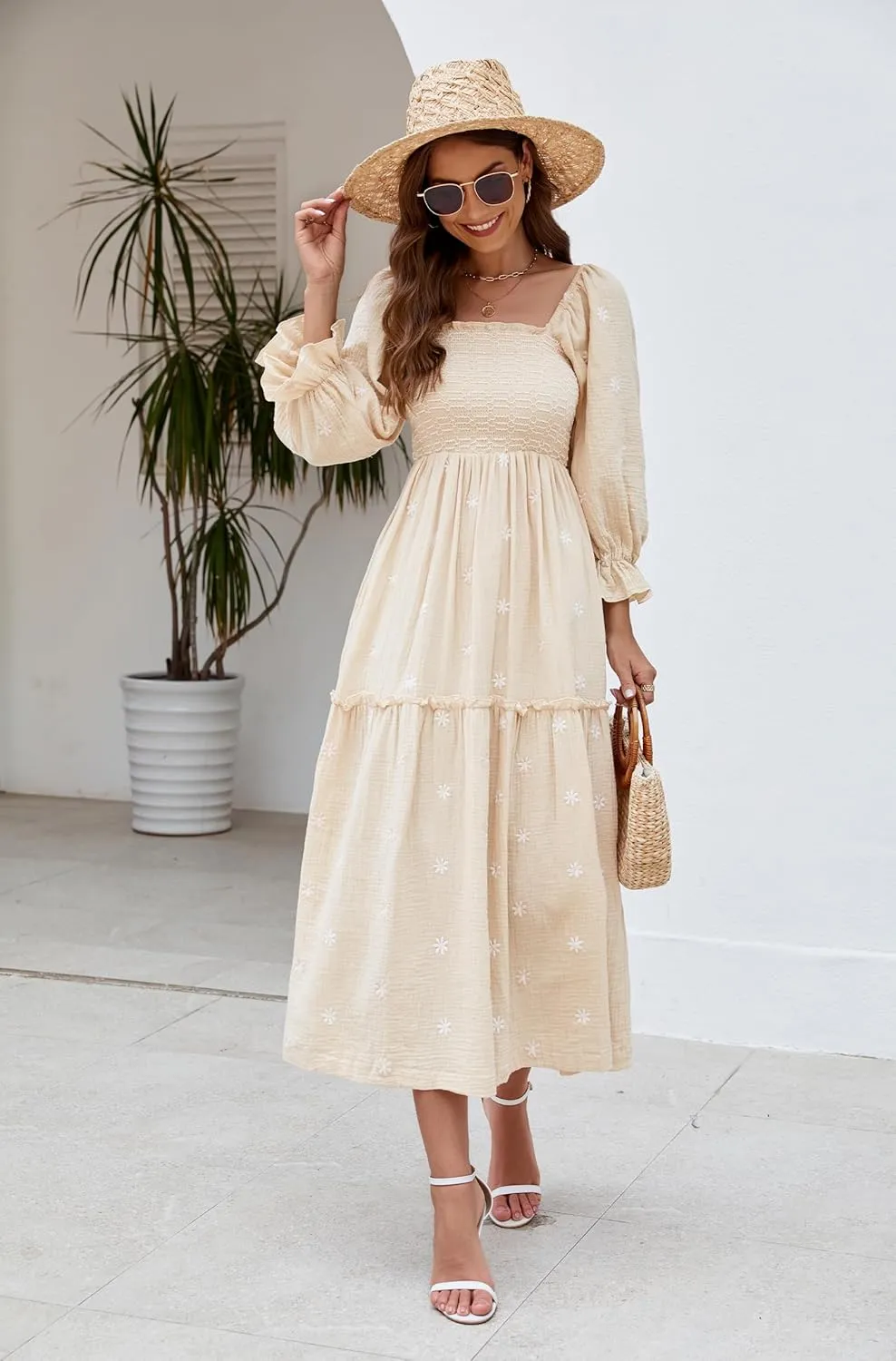 Women Floral Embroidered Maxi Dress Long Puff Sleeve Square Neck Bohemian Flowy Dress with Pockets Summer Fall