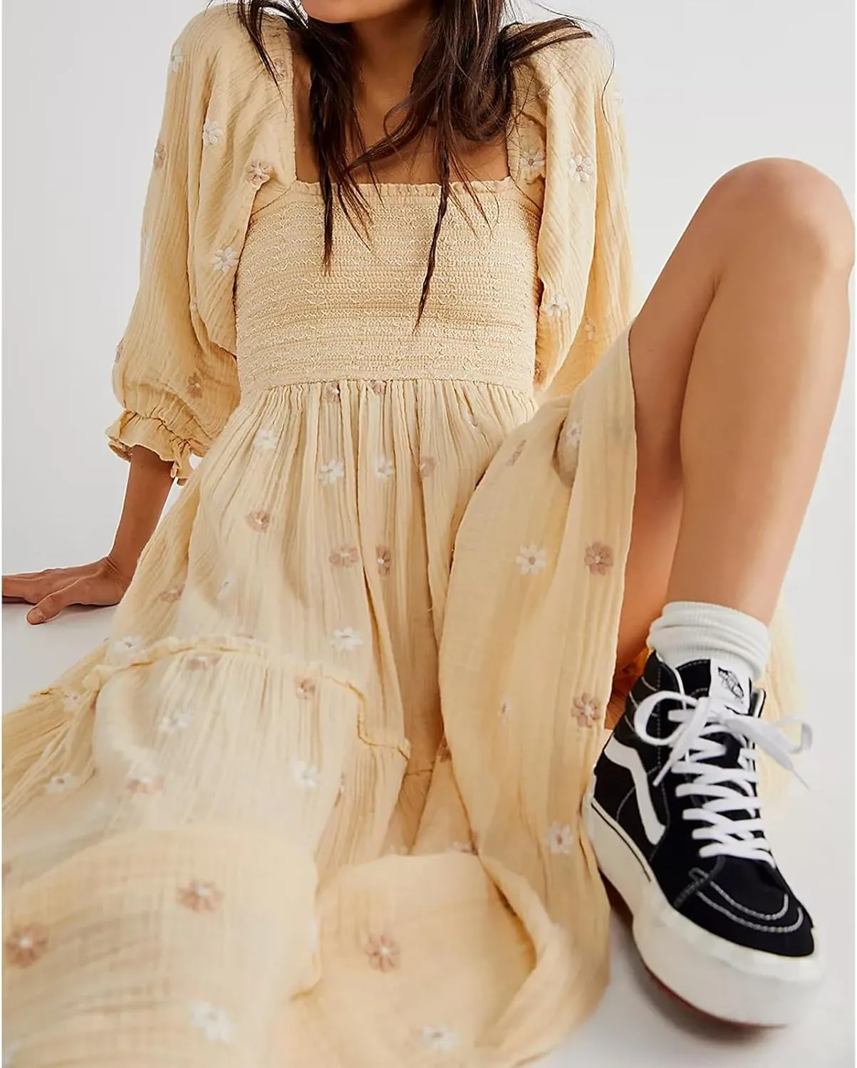 Women Floral Embroidered Maxi Dress Long Puff Sleeve Square Neck Bohemian Flowy Dress with Pockets Summer Fall