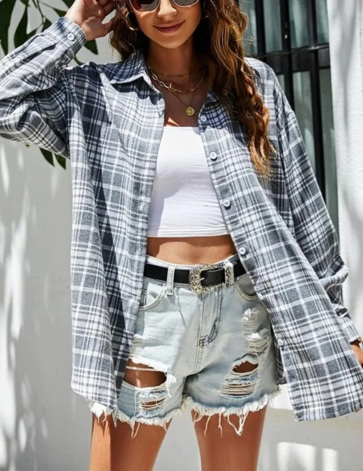 Womens Classic Plaid Shirt Long Sleeve Cotton Button Down Up Shirts Stylish Oversized Loose Fit Blouse V Neck Tops