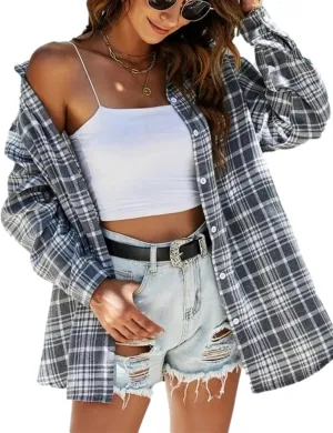Womens Classic Plaid Shirt Long Sleeve Cotton Button Down Up Shirts Stylish Oversized Loose Fit Blouse V Neck Tops