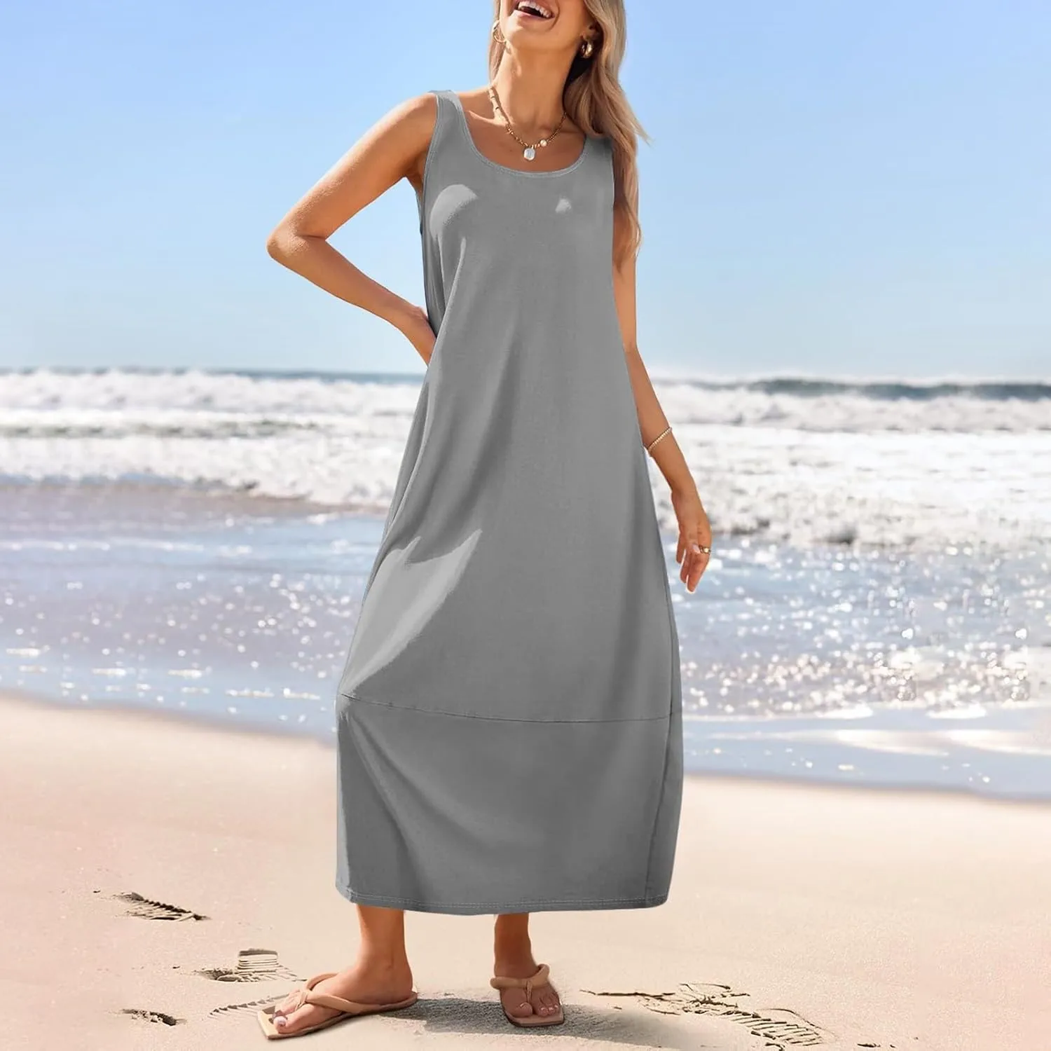 Women's Loose Casual Midi Cotton Dresses Sundress Sleeveless Beach Summer Trendy Tank Top Dress with Pockets