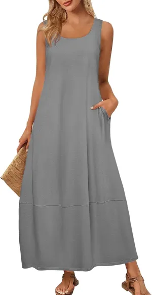 Women's Loose Casual Midi Cotton Dresses Sundress Sleeveless Beach Summer Trendy Tank Top Dress with Pockets