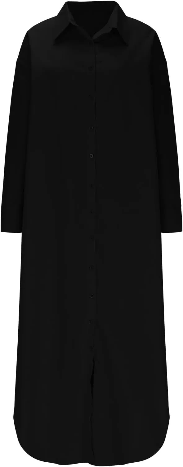 Women's Oversized Long Sleeve Shirt Dress Loose Fit Casual Lapel V Neck Button Down Boyfriend Maxi Dresses