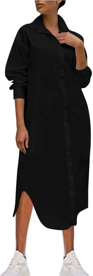 Women's Oversized Long Sleeve Shirt Dress Loose Fit Casual Lapel V Neck Button Down Boyfriend Maxi Dresses