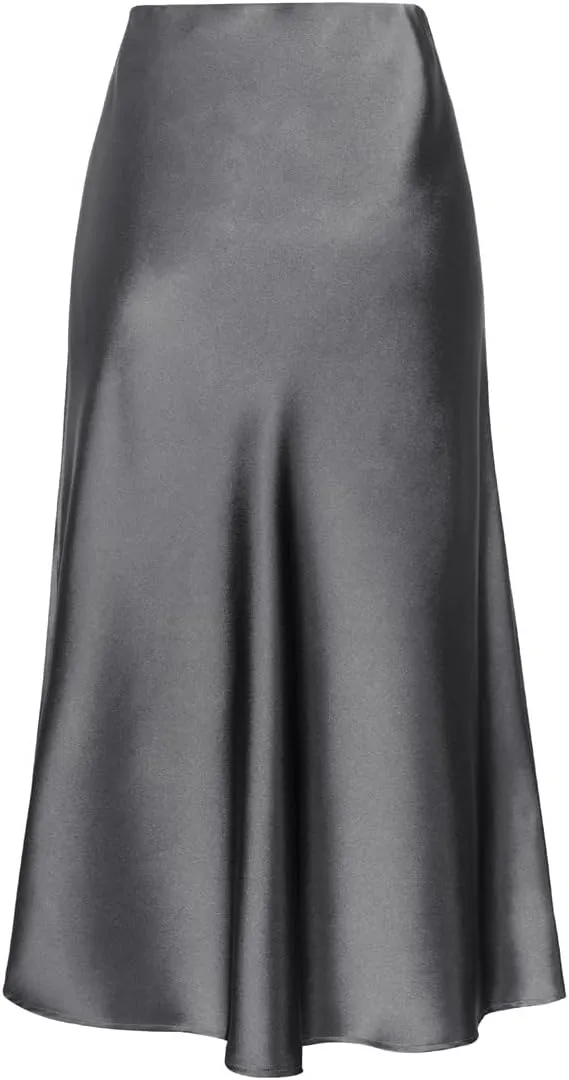 Womens Satin Skirts Casual Silk High Waist Slit Midi Skirt Elastic Waistband Elegant Work Skirts
