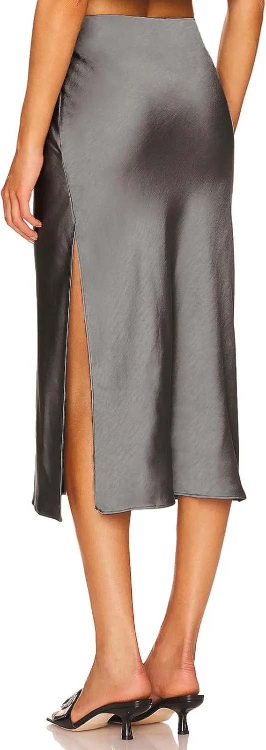Womens Satin Skirts Casual Silk High Waist Slit Midi Skirt Elastic Waistband Elegant Work Skirts