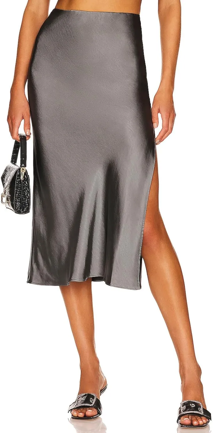Womens Satin Skirts Casual Silk High Waist Slit Midi Skirt Elastic Waistband Elegant Work Skirts