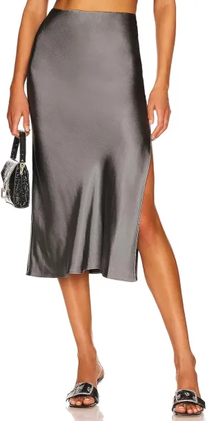 Womens Satin Skirts Casual Silk High Waist Slit Midi Skirt Elastic Waistband Elegant Work Skirts