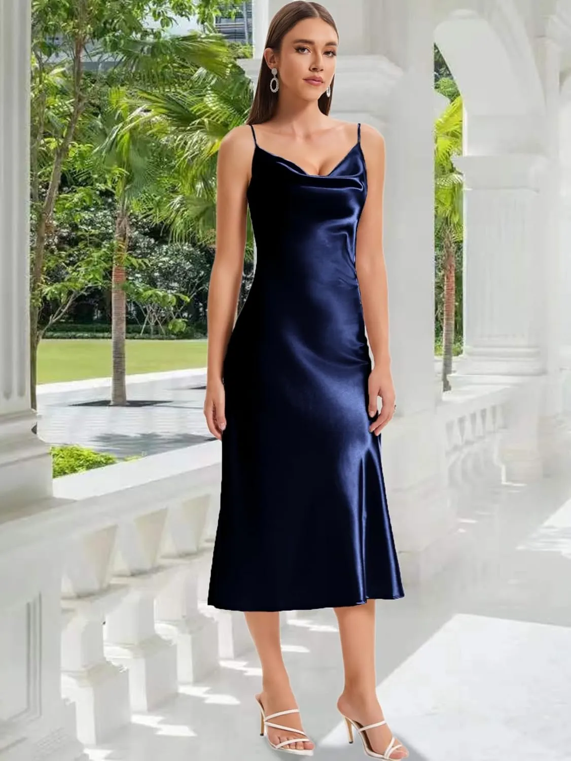 Women's Spaghetti Strap Midi Satin Slik Dress Cowl Neck Long Slip Ruched Evening Dress Party Cocktail