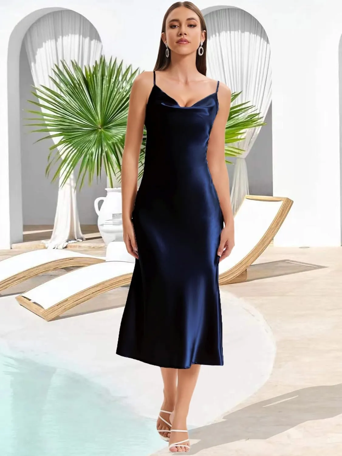 Women's Spaghetti Strap Midi Satin Slik Dress Cowl Neck Long Slip Ruched Evening Dress Party Cocktail