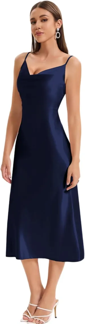 Women's Spaghetti Strap Midi Satin Slik Dress Cowl Neck Long Slip Ruched Evening Dress Party Cocktail