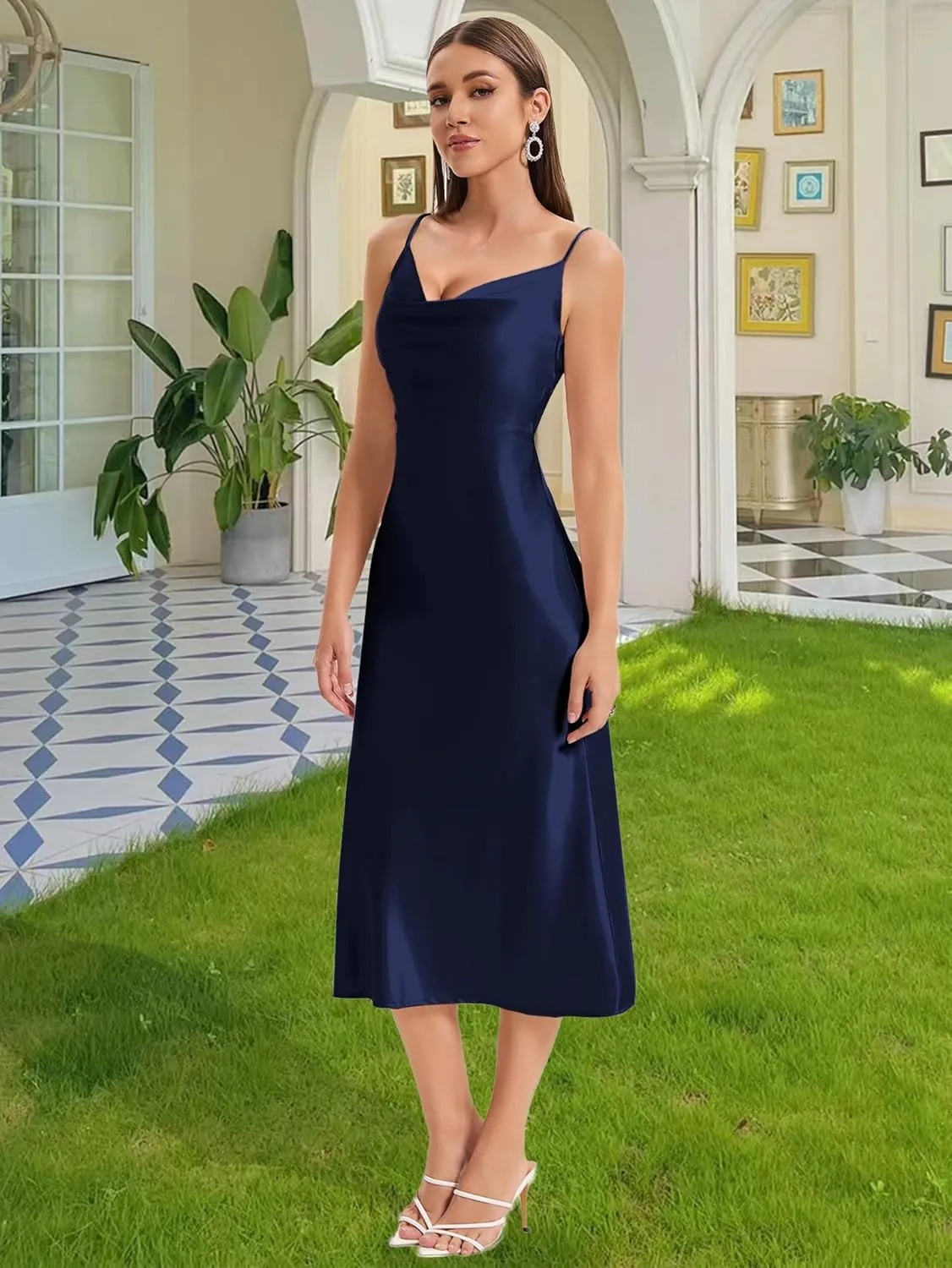 Women's Spaghetti Strap Midi Satin Slik Dress Cowl Neck Long Slip Ruched Evening Dress Party Cocktail
