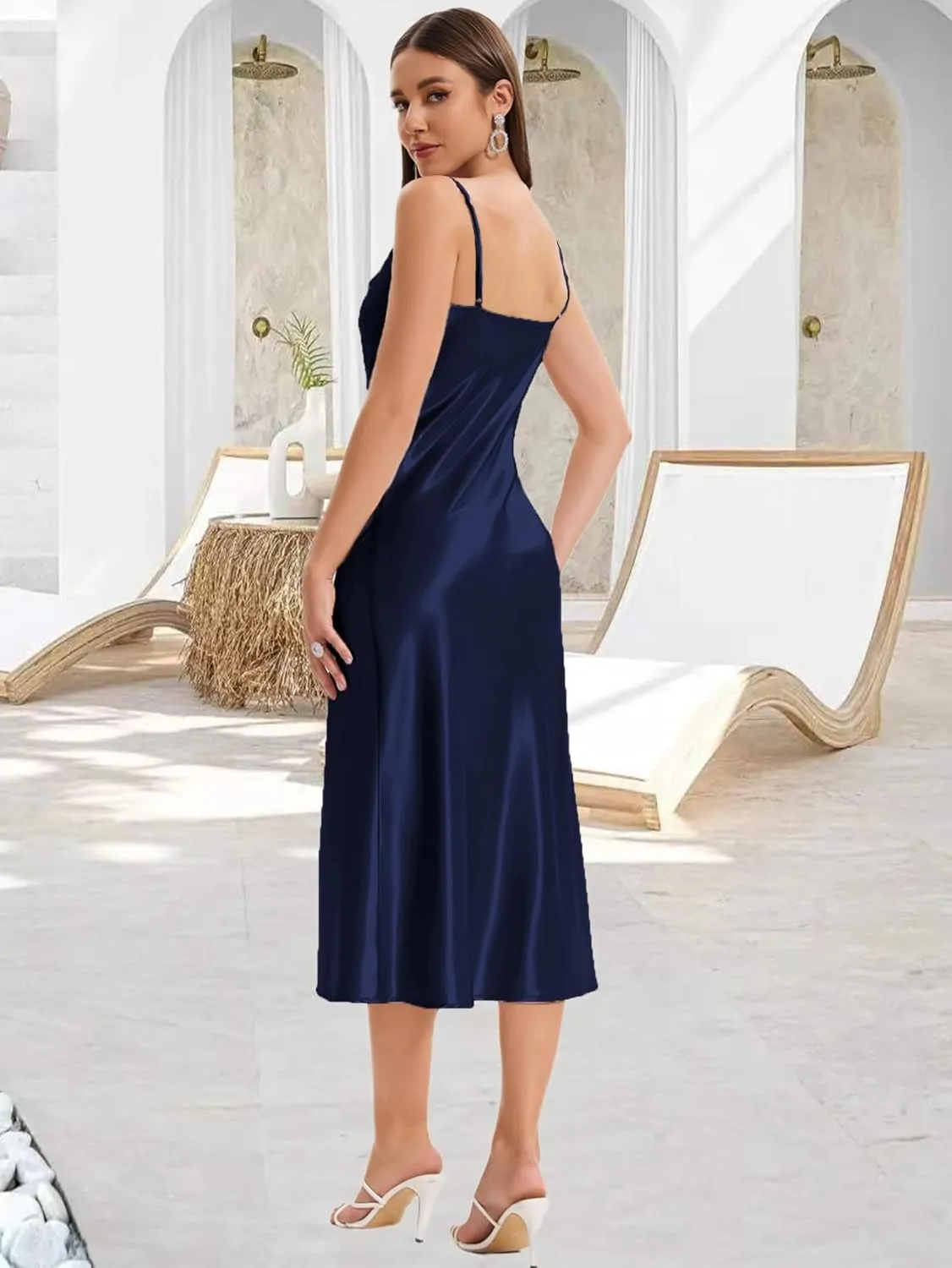 Women's Spaghetti Strap Midi Satin Slik Dress Cowl Neck Long Slip Ruched Evening Dress Party Cocktail