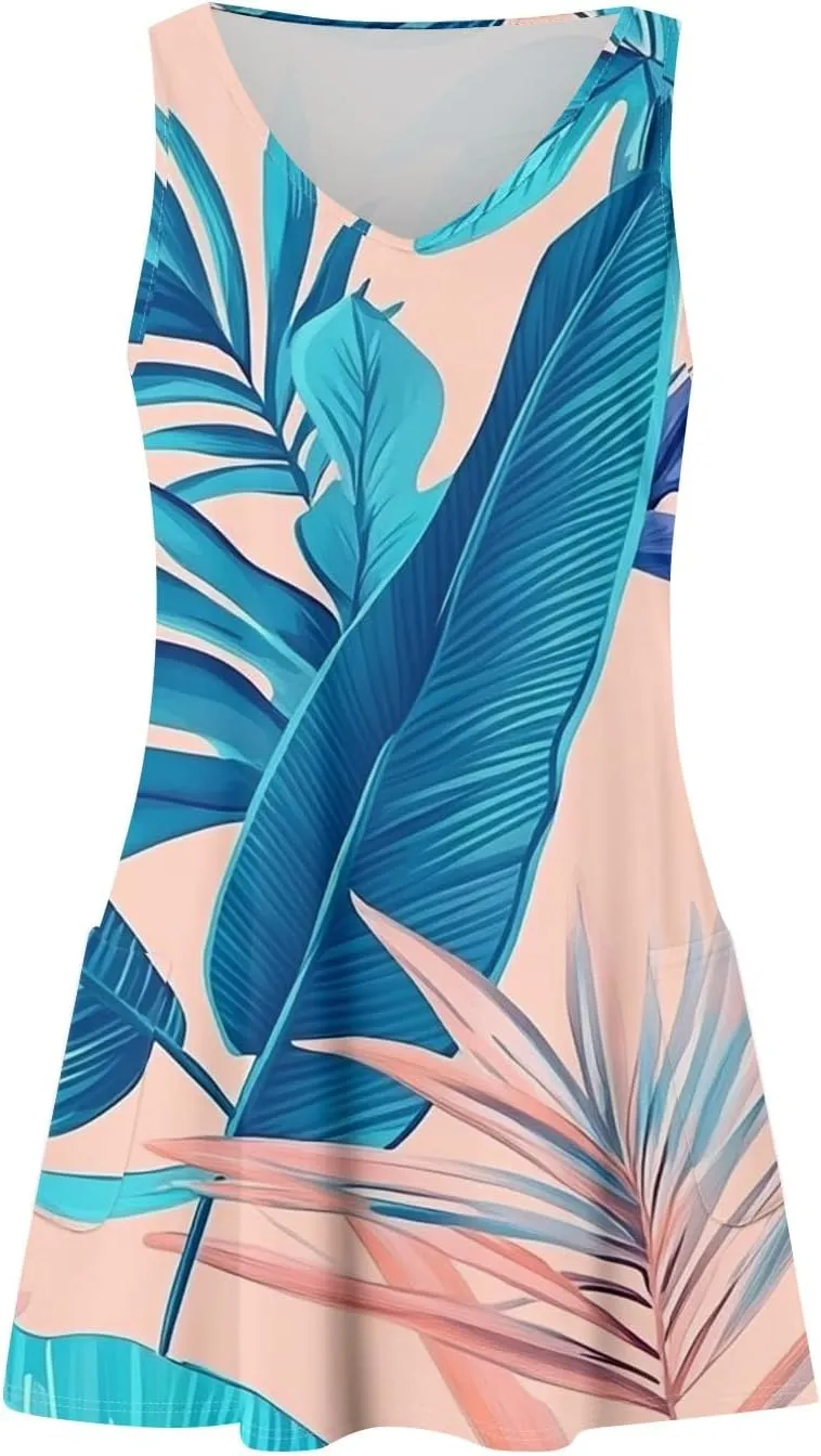 Womens Summer Dresses Vacation Casual Sundress V Neck Sleeveless Dress with Pocket Beach Printed Swimsuit Coverup