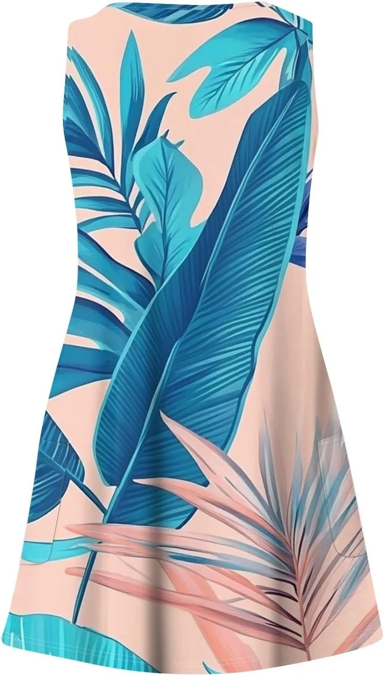 Womens Summer Dresses Vacation Casual Sundress V Neck Sleeveless Dress with Pocket Beach Printed Swimsuit Coverup