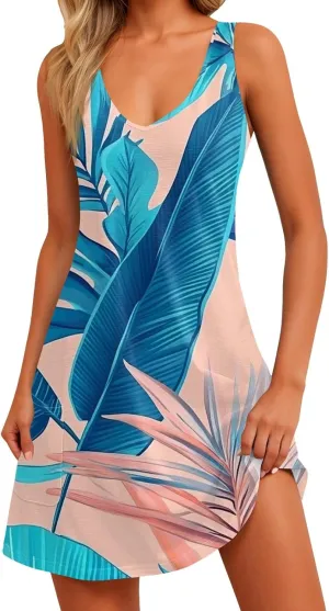 Womens Summer Dresses Vacation Casual Sundress V Neck Sleeveless Dress with Pocket Beach Printed Swimsuit Coverup