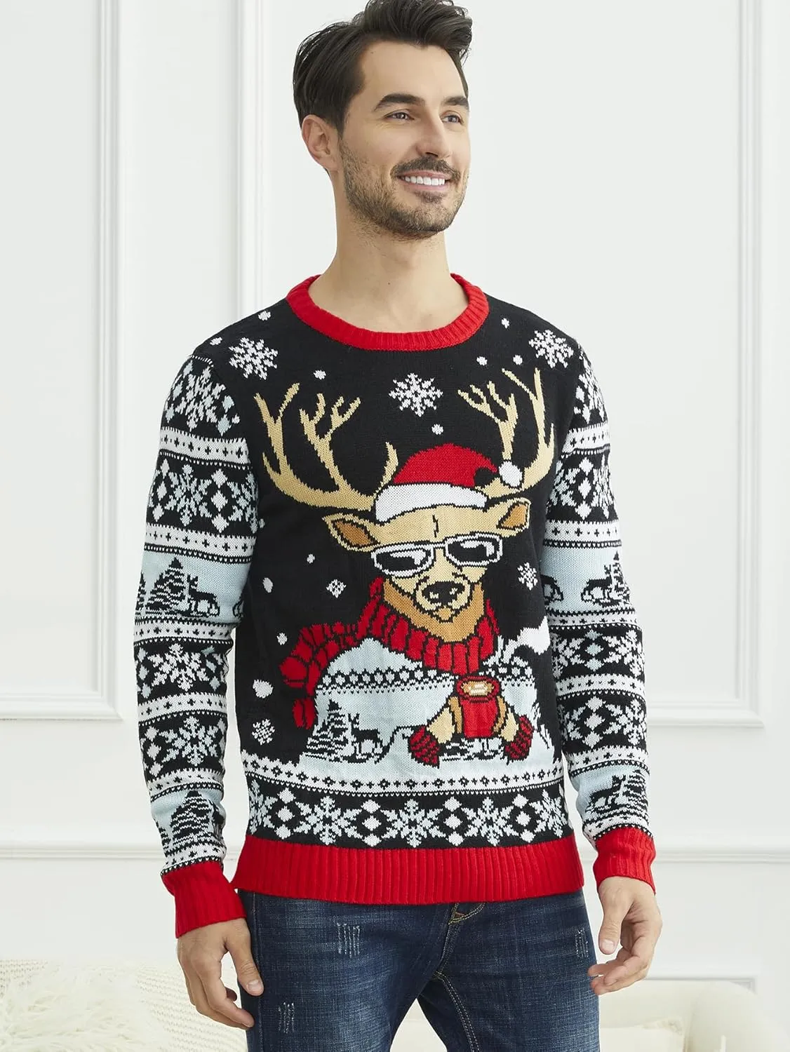 YIJIU Men's Ugly Christmas Sweater Long Sleeve Crew Neck Knitted Sweaters Xmas Holiday Funny Pullover Knitwear Tops