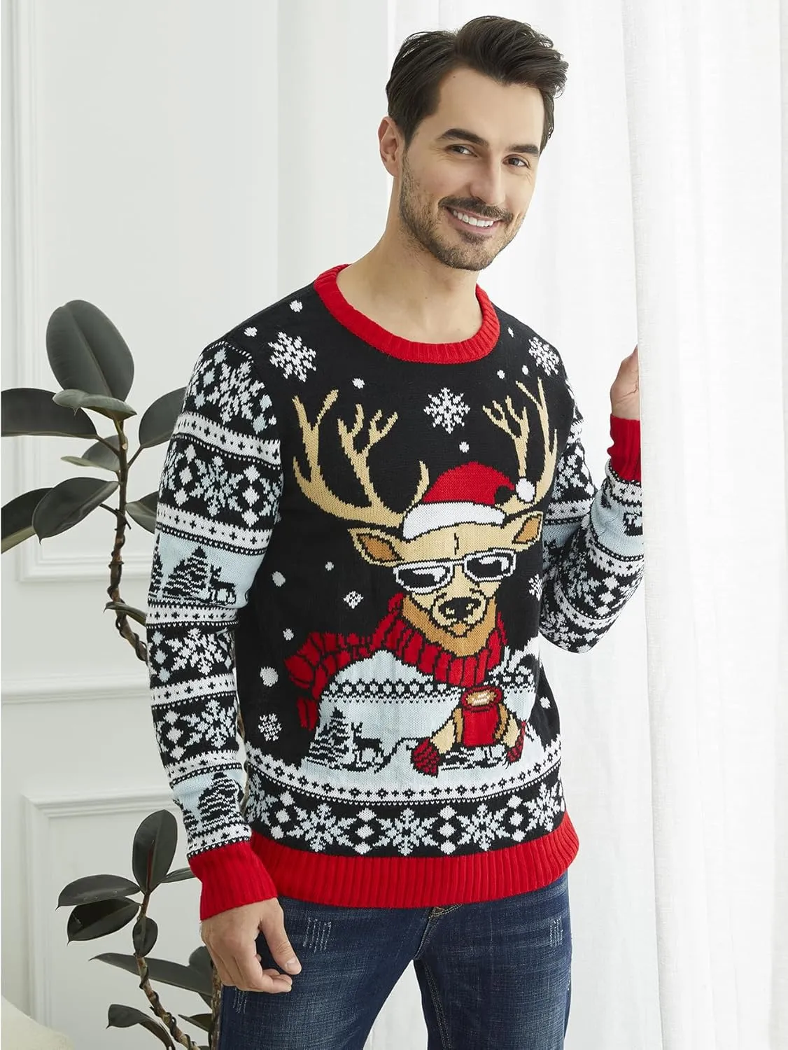 YIJIU Men's Ugly Christmas Sweater Long Sleeve Crew Neck Knitted Sweaters Xmas Holiday Funny Pullover Knitwear Tops