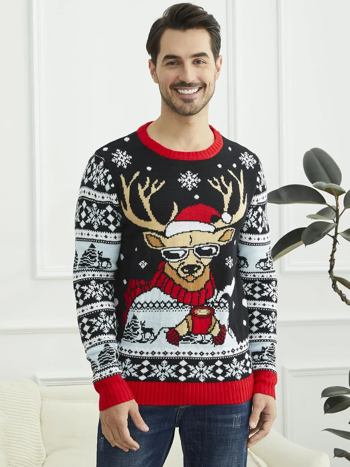 YIJIU Men's Ugly Christmas Sweater Long Sleeve Crew Neck Knitted Sweaters Xmas Holiday Funny Pullover Knitwear Tops
