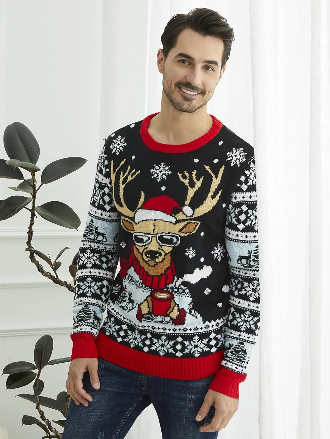 YIJIU Men's Ugly Christmas Sweater Long Sleeve Crew Neck Knitted Sweaters Xmas Holiday Funny Pullover Knitwear Tops
